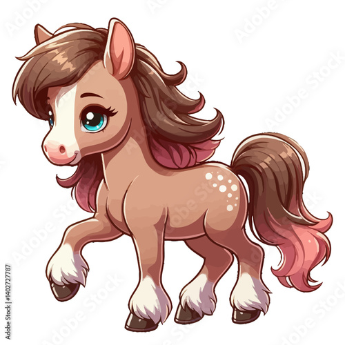 Charming cartoon illustration of a cute pony with big, adorable blue eyes, a flowing brown and pink mane and tail, and a gentle expression, taking a step. Represents adorable animals, fantasy creature