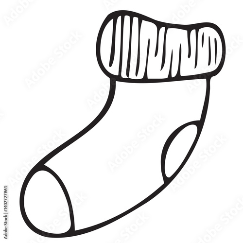 cute little baby sock on foot, cute children s black and white vector coloring, line art, outline