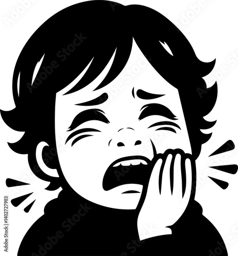 vector sketch illustration silhouette design of a little boy in pain because of a toothache while holding his cheek  