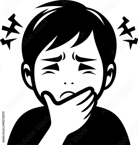 vector sketch illustration silhouette design of a little boy in pain because of a toothache while holding his cheek  