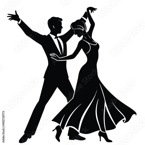 Ballroom Dancing Silhouette: Elegant Couple in Formal Attire Performing a Dance, Vector Illustration for Dance Studios and Events