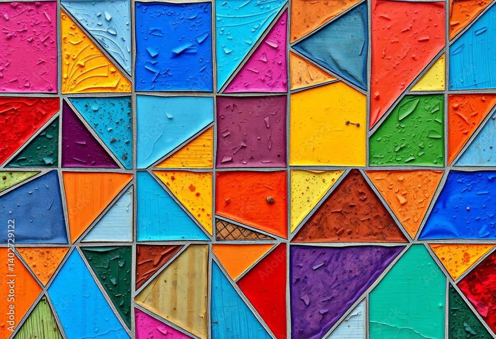 Fototapeta premium Vibrant abstract mosaic tile pattern, colorful geometric shapes on textured surface, geometric, cement texture