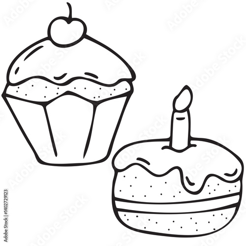delicious sweet holiday cupcakes and cakes, children s party, cute children s black and white vector coloring, line art, outline