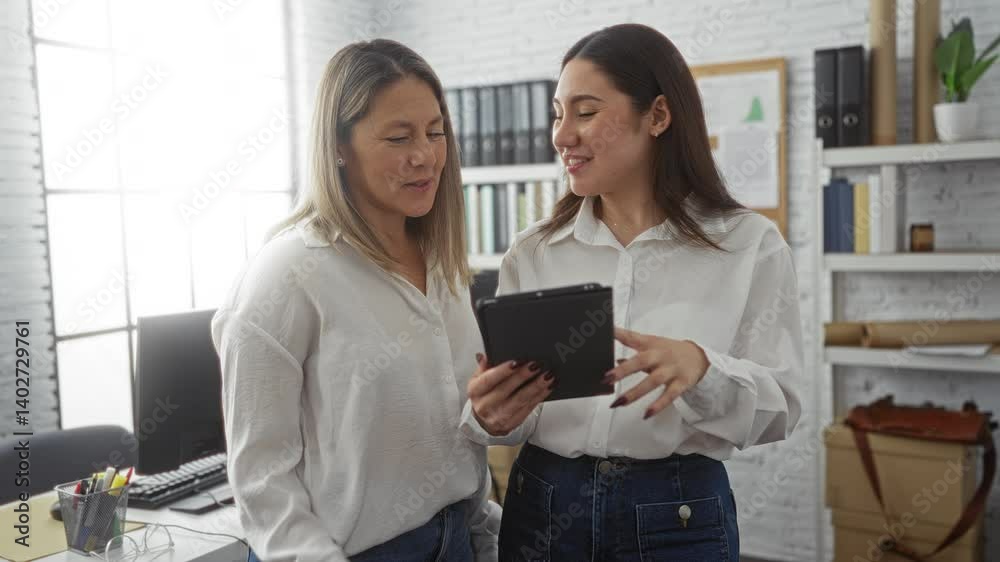 Two women smiling and high-fiving in a modern office, holding a tablet, representing teamwork and success among business partners. Two women smiling and high-fiving in a modern office, holding a tablet, representing teamwork and success among business partners.