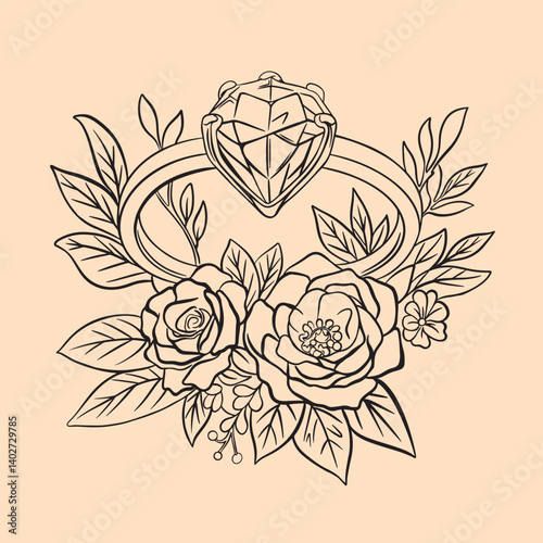 Diamond ring with floral frame. Black and white outline, line art