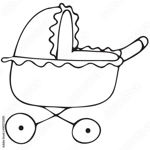 baby stroller for walks, cute things for a newborn baby, cute children s black and white vector coloring, line art, outline