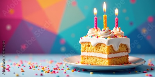 Vibrant and colorful birthday cake wallpaper with abstract geometric patterns, festive, celebration, cake