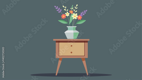 A rustic wooden side table with a bouquet of wildflowers displayed in a crystal vase.