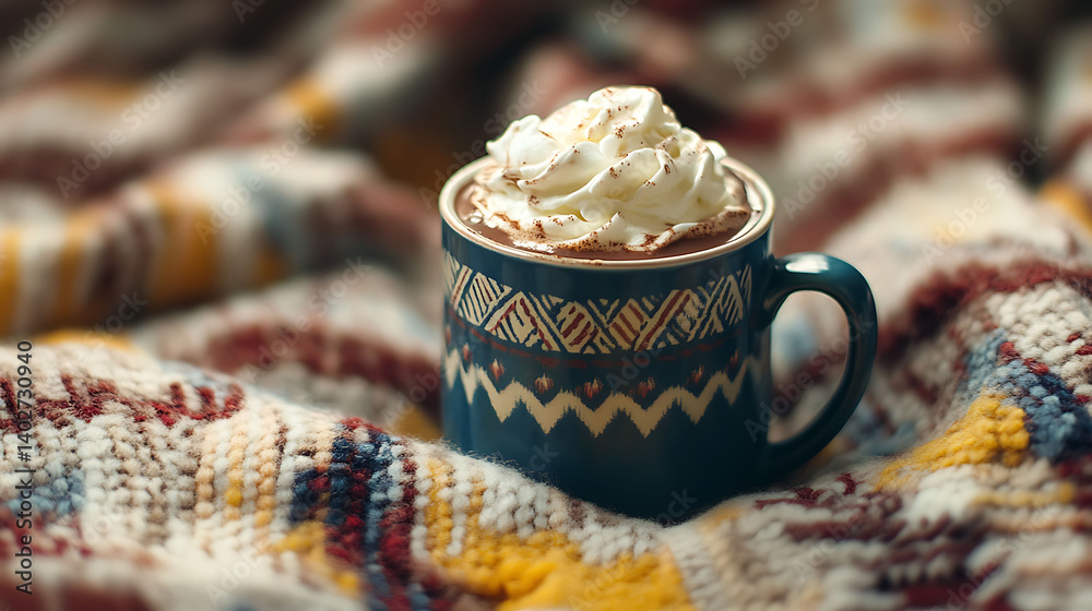 custom made wallpaper toronto digitalA vintage mug of hot chocolate with whipped cream on a patterned blanket
