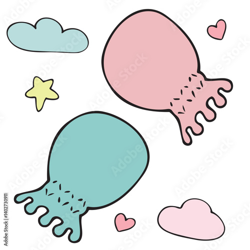 gender party, pink and blue scratch mittens, mittens for hands for newborns, boy or girl, vector cute colored children s element in doodle style with black outline, delicate colors