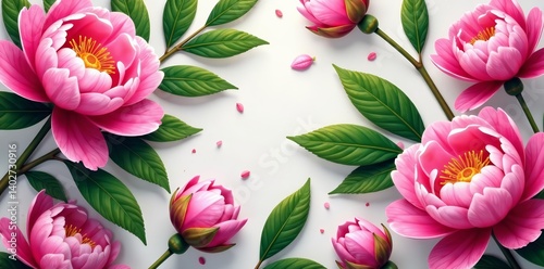 Fototapeta Naklejka Na Ścianę i Meble -  Vibrant closeup floral pattern with pink peonies and green leaves, peonies, pink, background