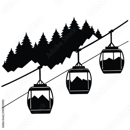 Black and White Gondola Lift Silhouette with Mountain View: Ski Resort Cable Car Vector Graphic for Winter Sports Design