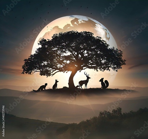 silhouette of animals bellow tree