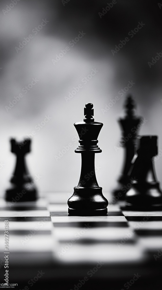 Black king chess piece standing on chessboard with other pieces blurred in background, representing strategy, competition, and intellectual pursuit Black king chess piece standing on chessboard with other pieces blurred in background, representing strategy, competition, and intellectual pursuit