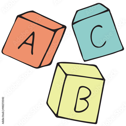 children s educational cubes for playing with the alphabet abc, vector cute colored children s element in doodle style with black outline, delicate colors