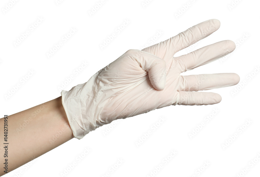 Doctor in medical glove showing four fingers on white background, closeup Doctor in medical glove showing four fingers on white background, closeup
