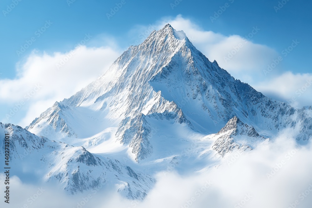 Obraz premium Majestic snow-capped mountain peaks rising above fluffy clouds on a clear day