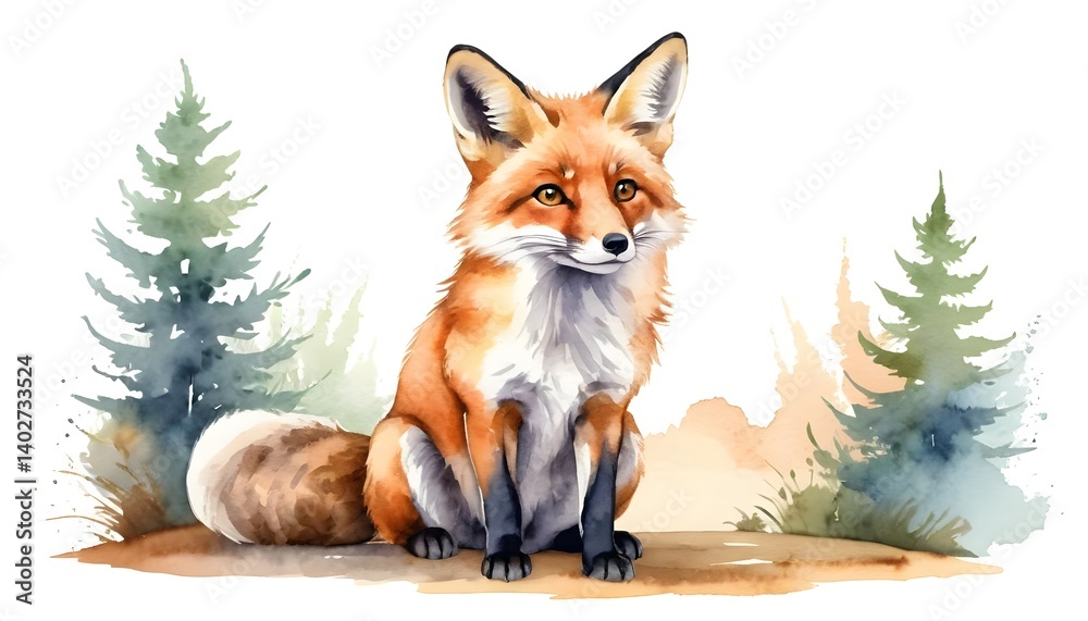 Obraz premium Watercolor Red Fox in Forest Setting