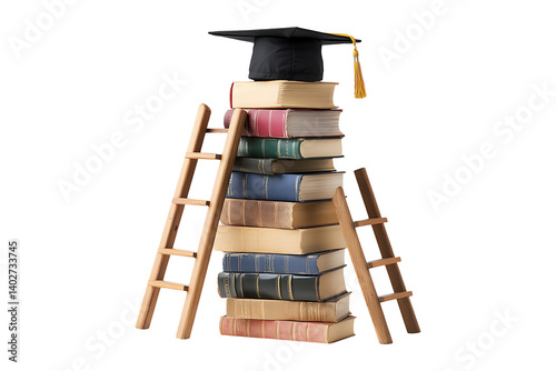 Stacked books a graduation cap and ladders isolated on transparent background
