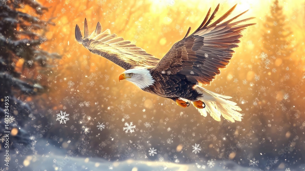 Fototapeta premium Majestic Bald Eagle in Flight, Illuminated by Golden Sunlight