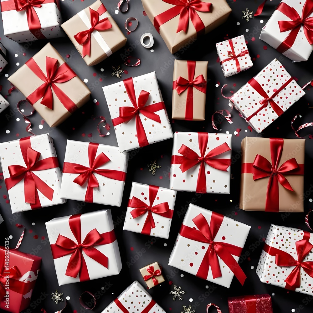 Obraz premium Festive Christmas Gift Boxes with Red Ribbons on Dark Background