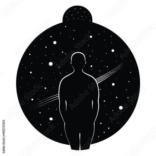 Silhouette of a Man Contemplating the Starry Universe: Black and White Illustration of Space and Human Existence