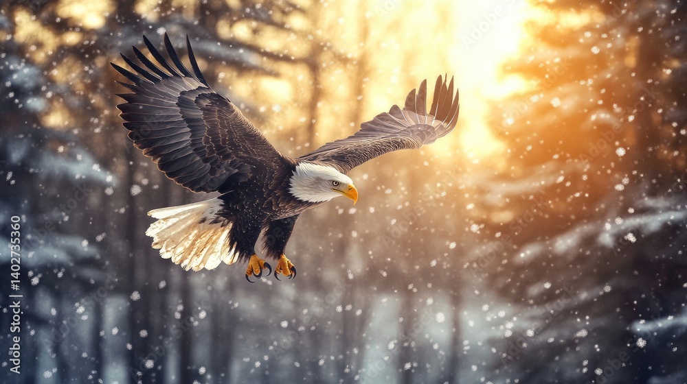 Fototapeta premium Majestic Bald Eagle in Flight, Illuminated by Golden Sunlight