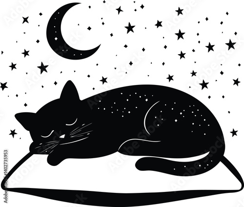 Illustration of a Sleeping Cat with Stars, Moon, and Pillow in Black Style