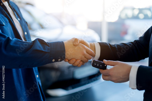 Salesman Giving Car Keys And Handshaking With Customer In Modern Dealership Center After Man Buying Vehicle, Manager Greeting Male Buyer With Purchase In Auto Showroom, Closeup Shot