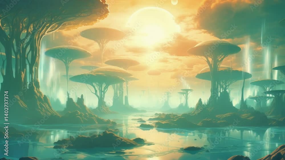 Fantastical landscape with giant mushroom-like trees, luminescent water, rocky terrain, and golden sunset sky. Soft green and yellow color palette creates ethereal atmosphere