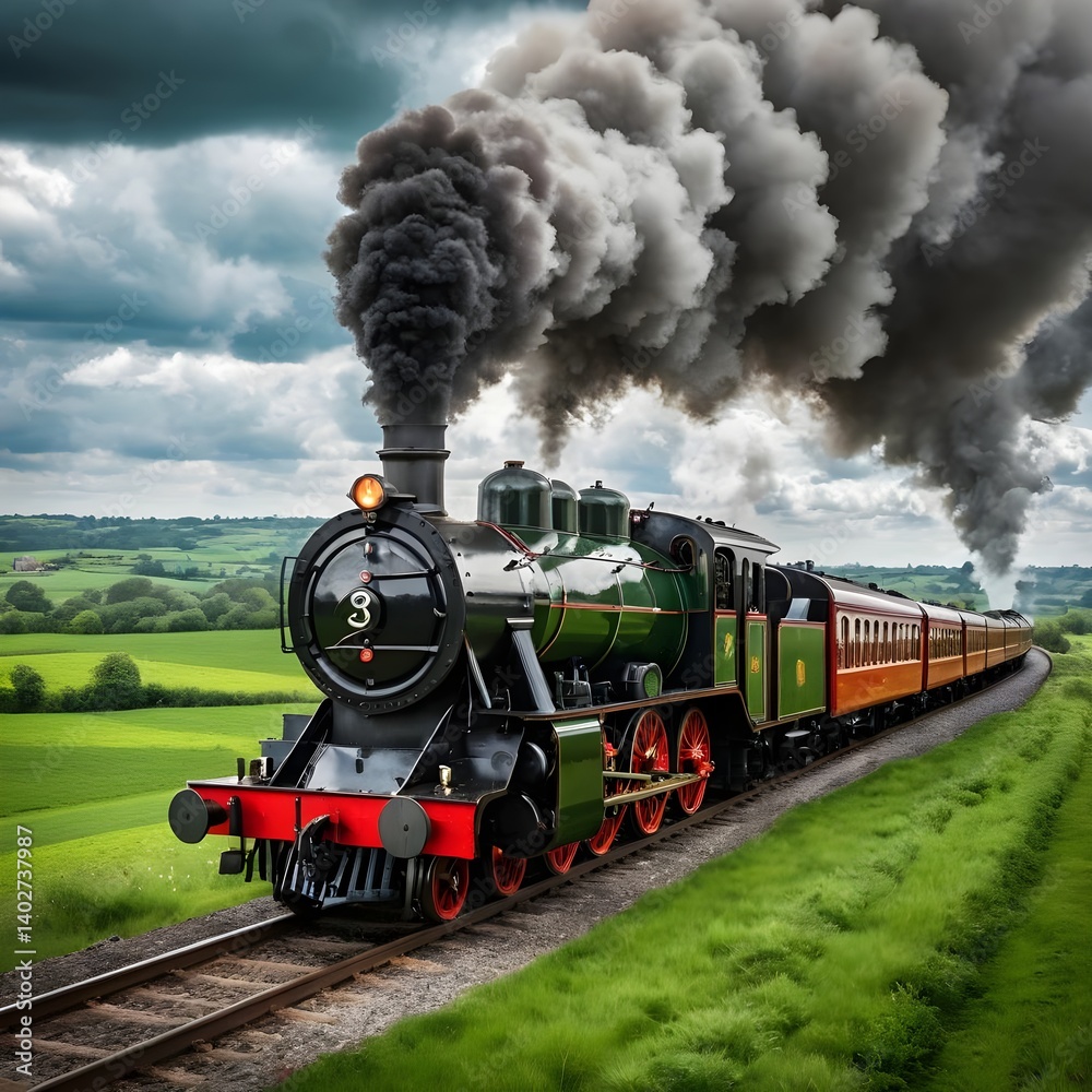Obraz premium Steam Train Rolling Through Countryside