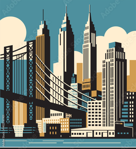 New York City skyline with bridge connecting skyscrapers in art deco style