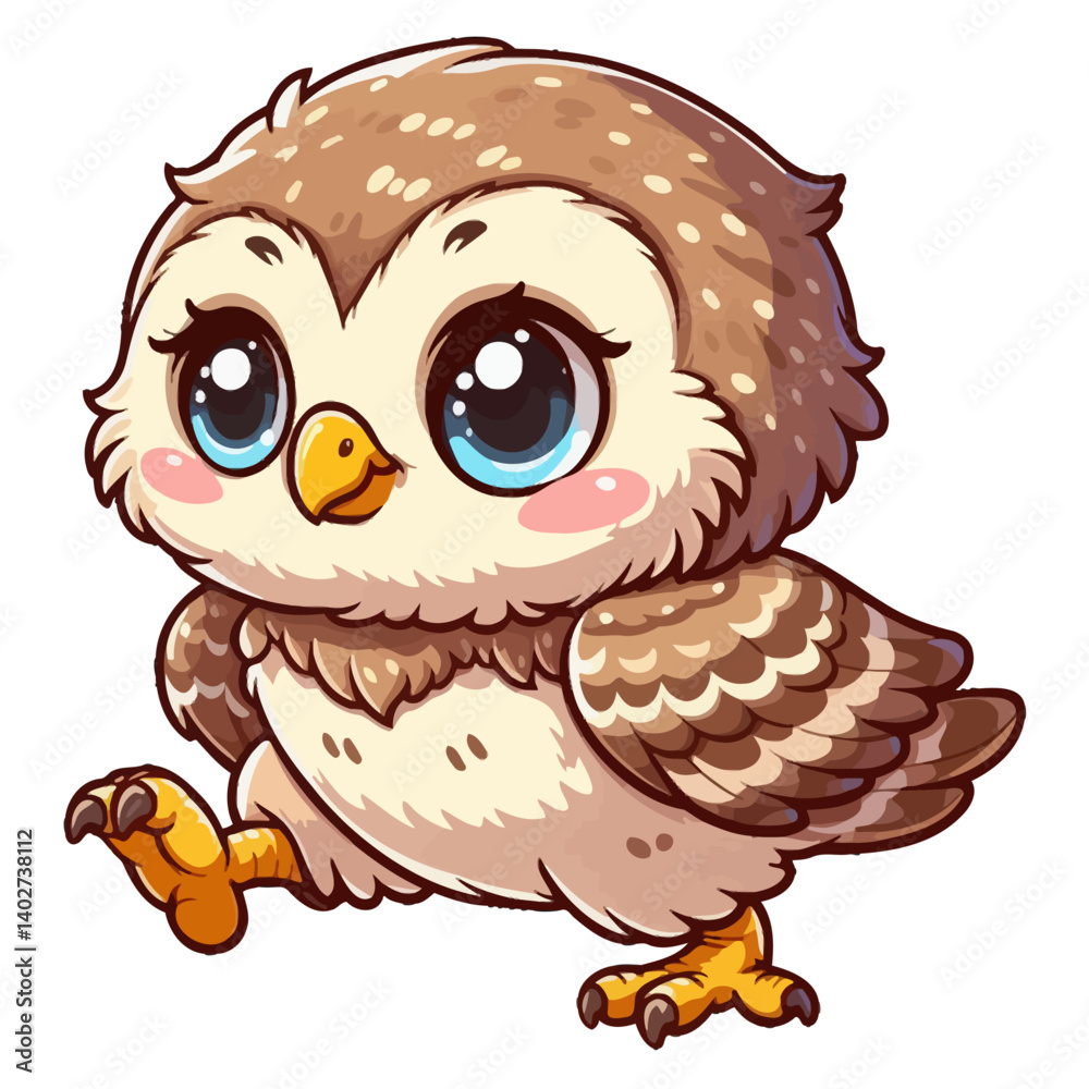 Fototapeta premium Charming cartoon illustration of a cute baby owl with big, adorable blue eyes, brown and white feathers, and a curious expression, taking a step. Represents adorable animals, nocturnal wildlife