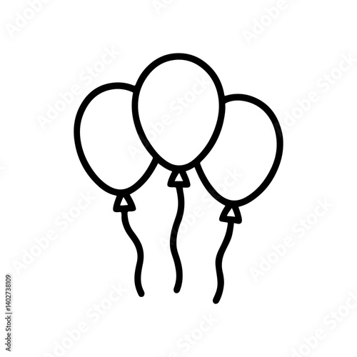 Three balloon outline icons, black and white celebration symbol for party, birthday, or festive decoration design
