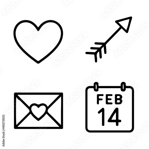 Valentine's Day icon set with heart, love arrow, romantic letter, and February 14 calendar symbol in black outline style
