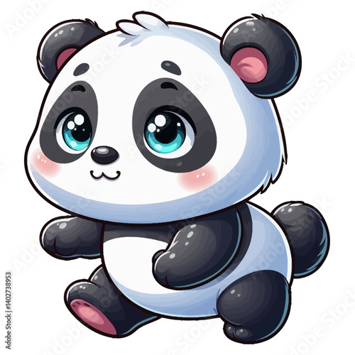 Charming cartoon illustration of a cute baby panda with big, adorable eyes, characteristic black and white markings, and a playful expression, crawling. Represents adorable animals, endangered species