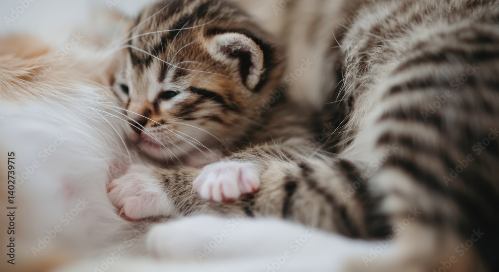 Adorable tabby kitten snuggling in warm fur with closed eyes Adorable tabby kitten snuggling in warm fur with closed eyes