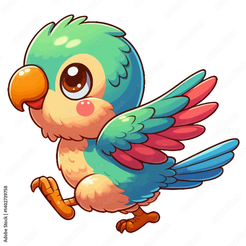 Naklejka premium Charming cartoon illustration of a cute blue parrot with big, adorable eyes and a cheerful expression, taking a step. Represents adorable animals, tropical birds, and children's themes.