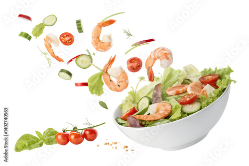 Falling shrimp salad ingredients isolated on transparent background.png