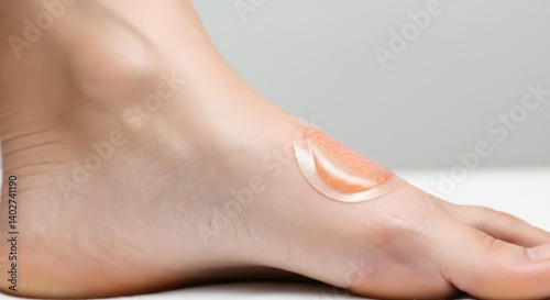 Close-up of hydrocolloid blister patch on foot for healing protection
