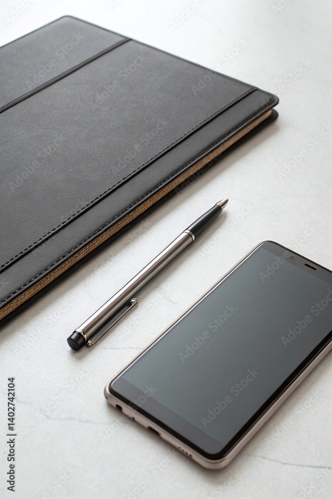 Closed tablet and pen resting elegantly on a minimalist desk during morning light Closed tablet and pen resting elegantly on a minimalist desk during morning light