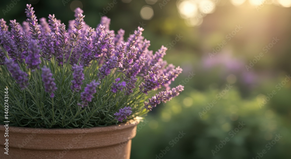 Obraz premium Lavender flowers blooming in a pot with a warm sunlight background 