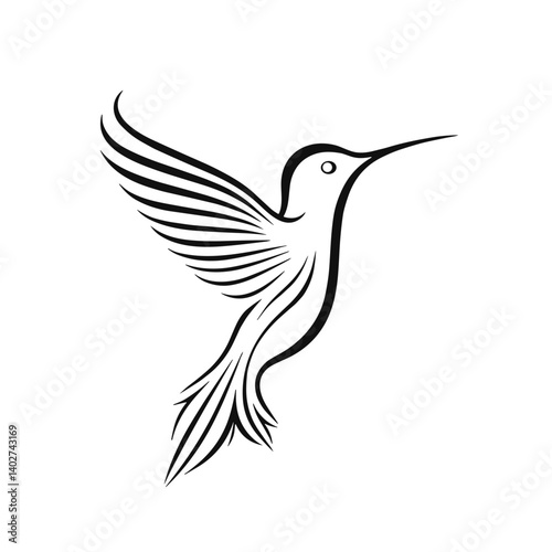 Stylized hummingbird illustration with elegant wings in black on transparent background, creative concept
