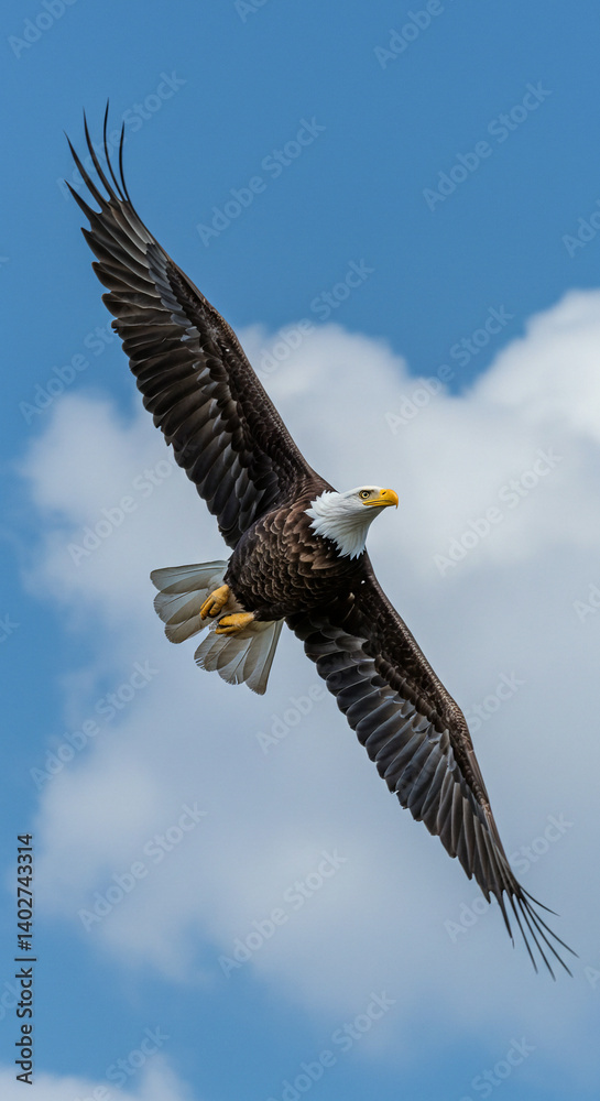 Naklejka premium Side profile of a Bald Eagle perched on a branch, focused gaze, sharp beak, symbol of American power and freedom.