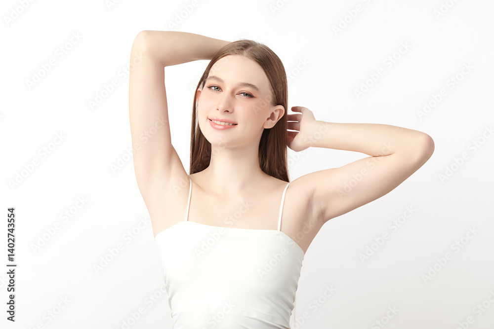 Beautiful Young woman Raises her hands to Showcase clean and hygienic underarms Against a white background, Smooth armpit cleanliness and protection concept Beautiful Young woman Raises her hands to Showcase clean and hygienic underarms Against a white background, Smooth armpit cleanliness and protection concept