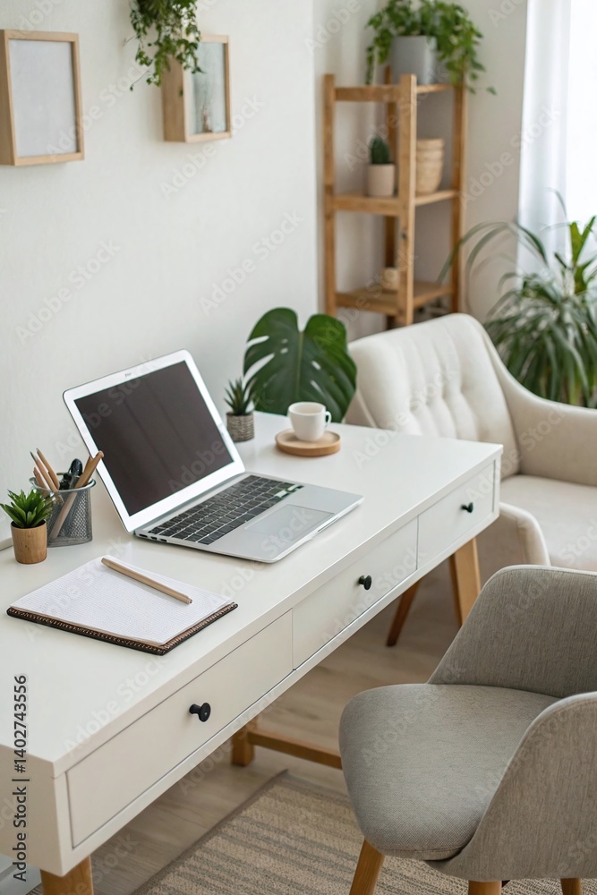 Inspiring home office with modern setup featuring a tablet and laptop on a stylish desk Inspiring home office with modern setup featuring a tablet and laptop on a stylish desk