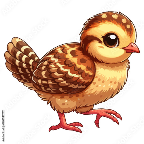 Charming cartoon illustration of a cute brown quail chick with big, adorable eyes and speckled feathers, taking a step. Represents adorable animals, baby birds, and children's themes.