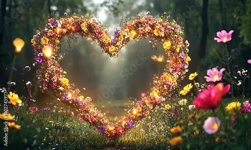 Heart-shaped floral archway in a lush forest garden