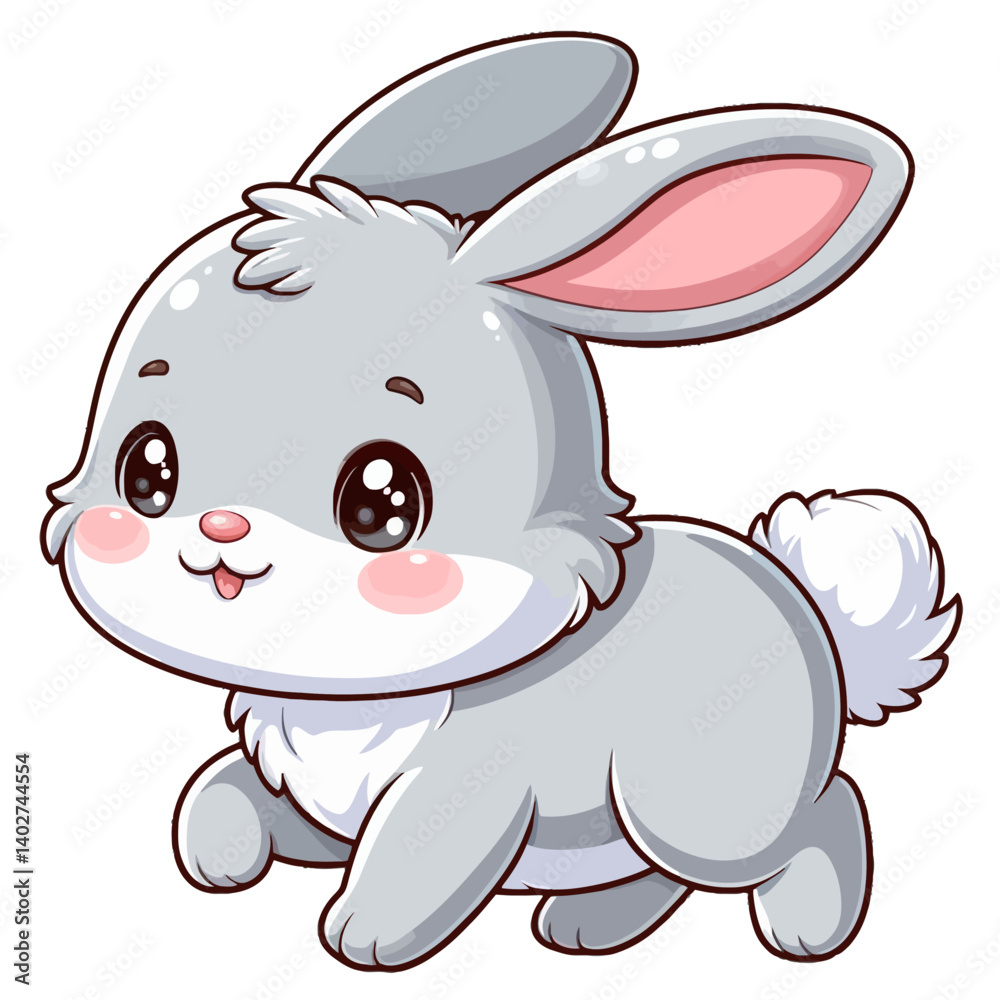 Naklejka premium Charming cartoon illustration of a cute gray bunny with big, adorable blue eyes, long ears, and a fluffy tail, taking a hop. Represents adorable animals, pets, and children's themes.