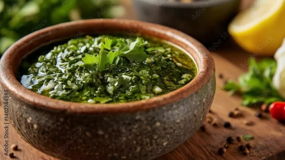Fresh Green Herb Sauce in Rustic Bowl with Ingredients Fresh Green Herb Sauce in Rustic Bowl with Ingredients
